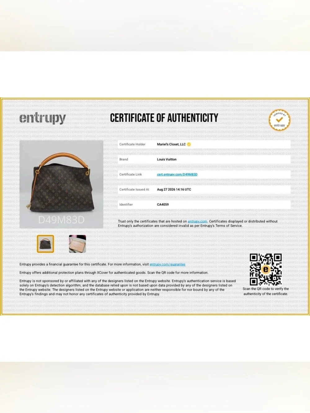 Authentic Louis Vuitton Artsy MM #4407M